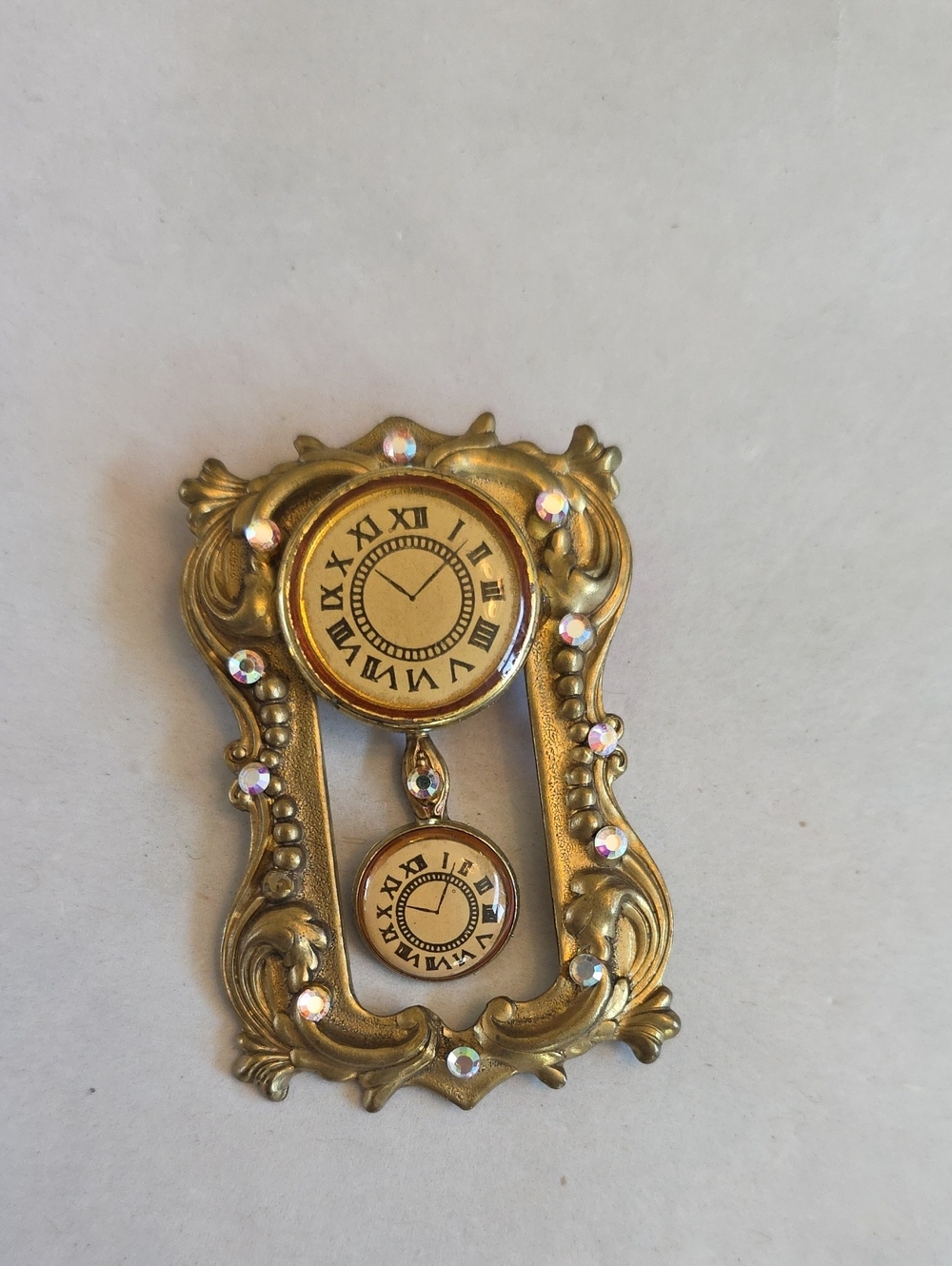 Gold Ornate Clock Motif Brooch with AB Rhinestone Accents